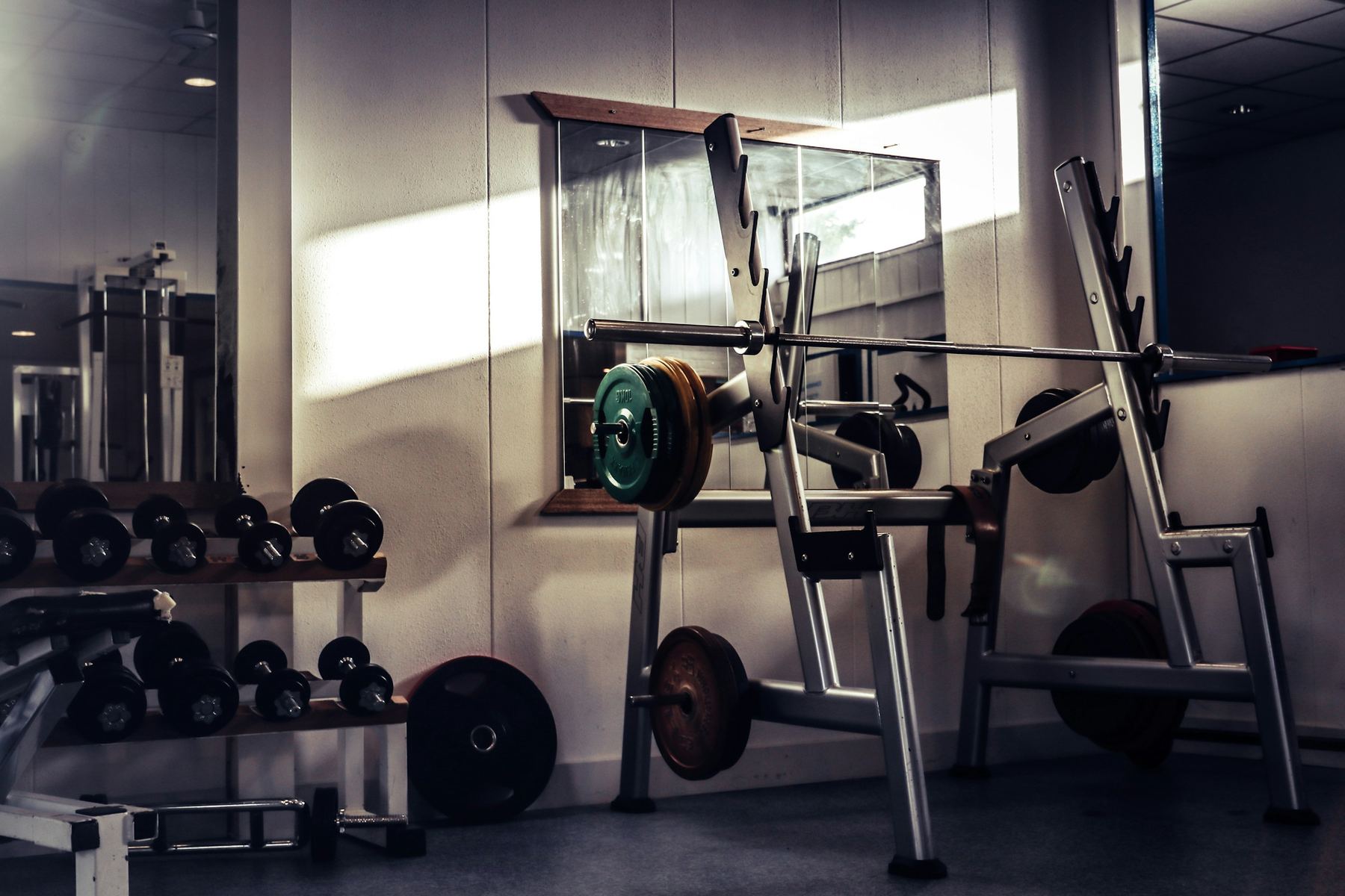 Placeholder photograph: a bench and a rack of dumbbells in daylight from a tall window, everything racked and put away